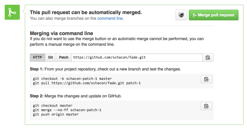 Merge button and instructions for merging a Pull Request manually